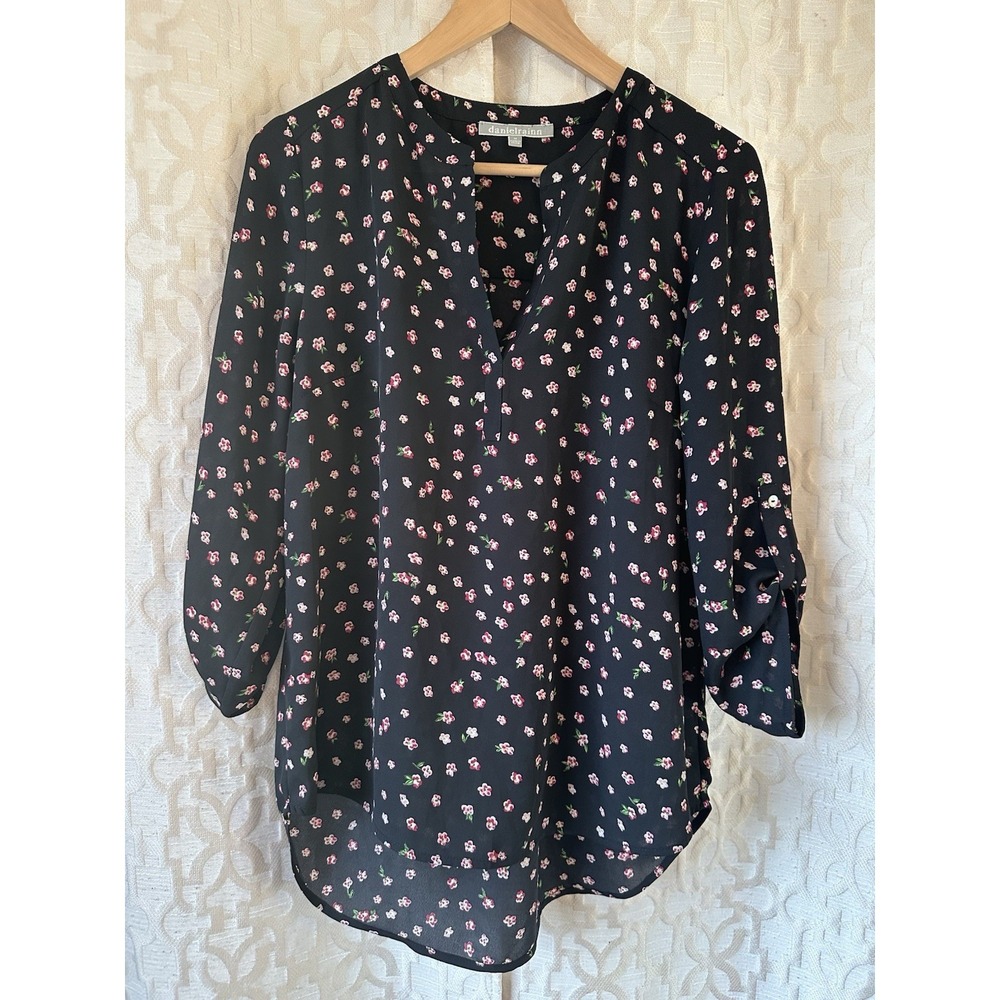 Daniel Rainn Top Womens L Black Floral V-Neck Pleated Back Career 3/4 Sleeves